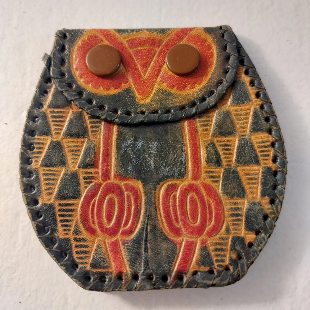 Vintage Owl Coin Purse Handmade Leather Brown Pouch Double Snap Closure